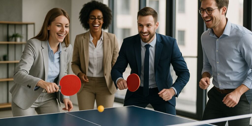Ríe, muévete y gana enfoque: los beneficios del ping pong en espacios corporativos 1 Jugando ping pong en la oficina