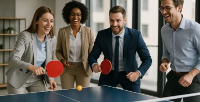 Ríe, muévete y gana enfoque: los beneficios del ping pong en espacios corporativos 24 Jugando ping pong en la oficina